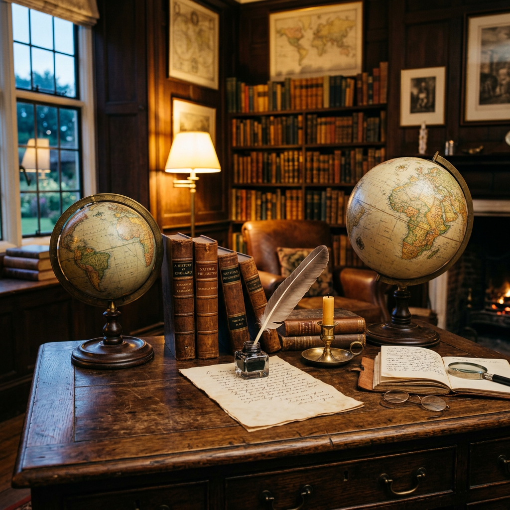 Two antique globes, leather-bound books, a quill pen, ink bottle, candle, open journal, and spectacles on a wooden desk in a vintage library setting